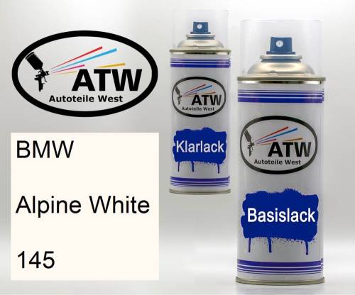 BMW, Alpine White, 145: 400ml Sprühdose + 400ml Klarlack - Set, von ATW Autoteile West.